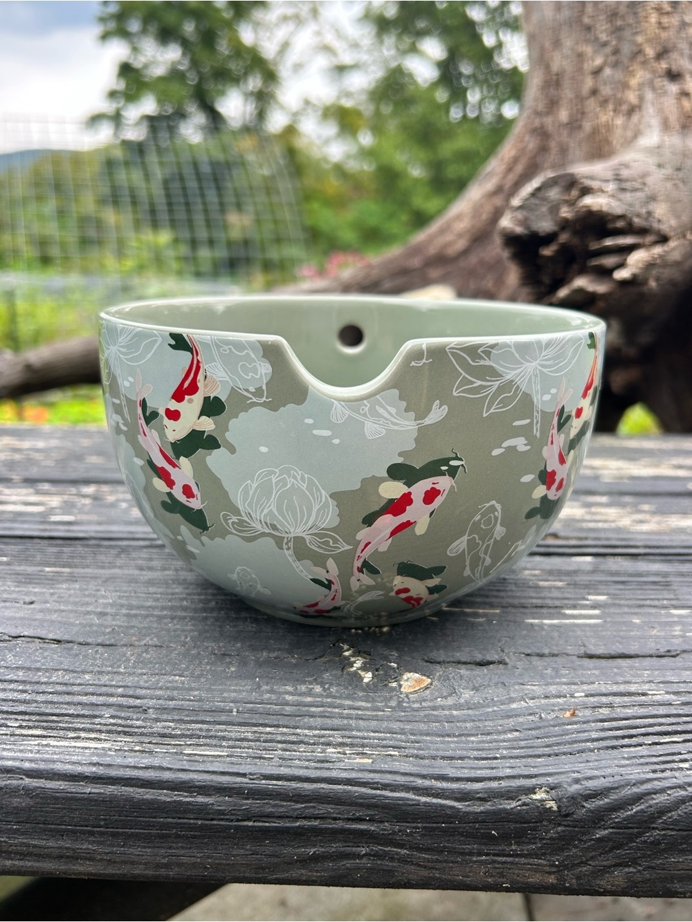 Koi Fish Ceramic Yarn Bowl Sage Green Lotus Knitting Crochet Yarn Holder